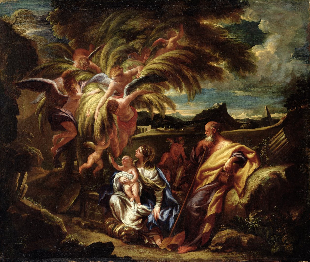 The Rest on the Flight to Egypt, noin 1700 tekijältä Domenico the Elder Piola