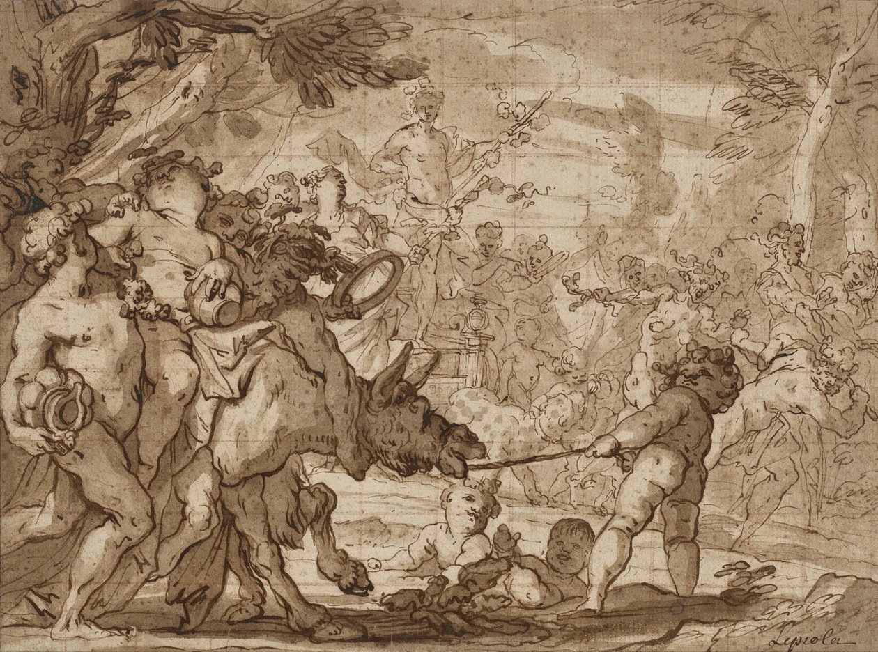 Bacchuksen voitto, n. 1642-1703 (kynä ja ruskea muste ja pesu punaisella liidulla levitetylle paperille) tekijältä Domenico the Elder Piola