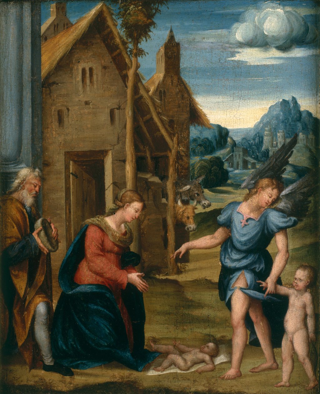 Lapsen palvonta Rafaelin ja Tobiaksen kanssa, n. 1510 tekijältä Domenico workshop attr.to Panetti