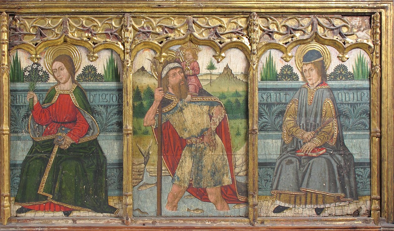 Predella-ruutu, jossa Saint Bridget, Saint Christopher ja Saint Kilian Retablesta, 1400-luku. tekijältä Domingo Ram