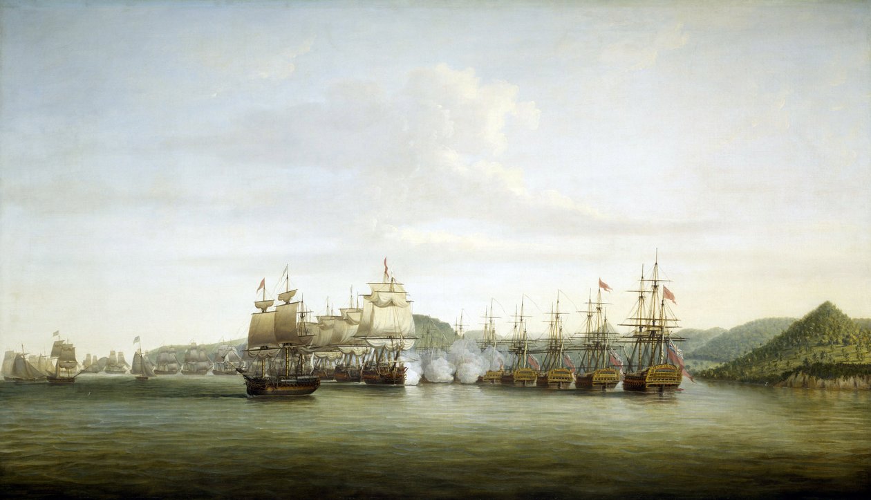 Amerikan vallankumous (tai Amerikan vapaussota) 1775-1783: Majuri Samuel Barringtonin manööveri Saint Lucian saarella, Ranskan hallussa Länsi-Intiassa, 15. joulukuuta. tekijältä Dominic Serres