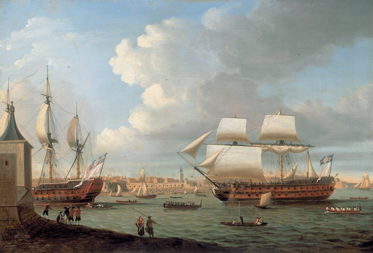 Foudroyant ja Pegasus saapuvat Portsmouthin satamaan, 1782 tekijältä Dominic Serres