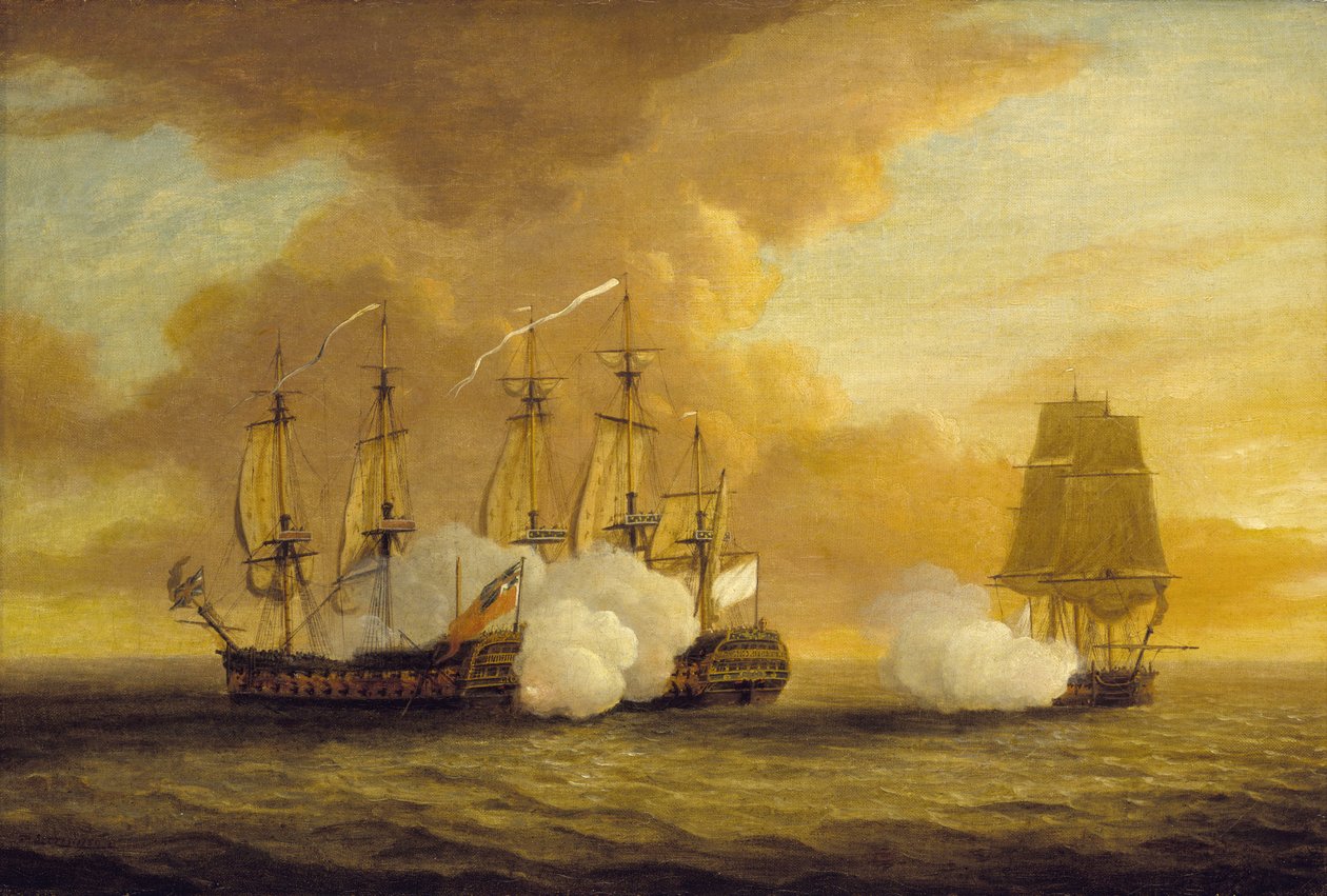 Meritaistelu HMS Lionin ja Elisabethin sekä ranskalaisen Du Teillay -aluksen välillä 9. heinäkuuta. tekijältä Dominic Serres