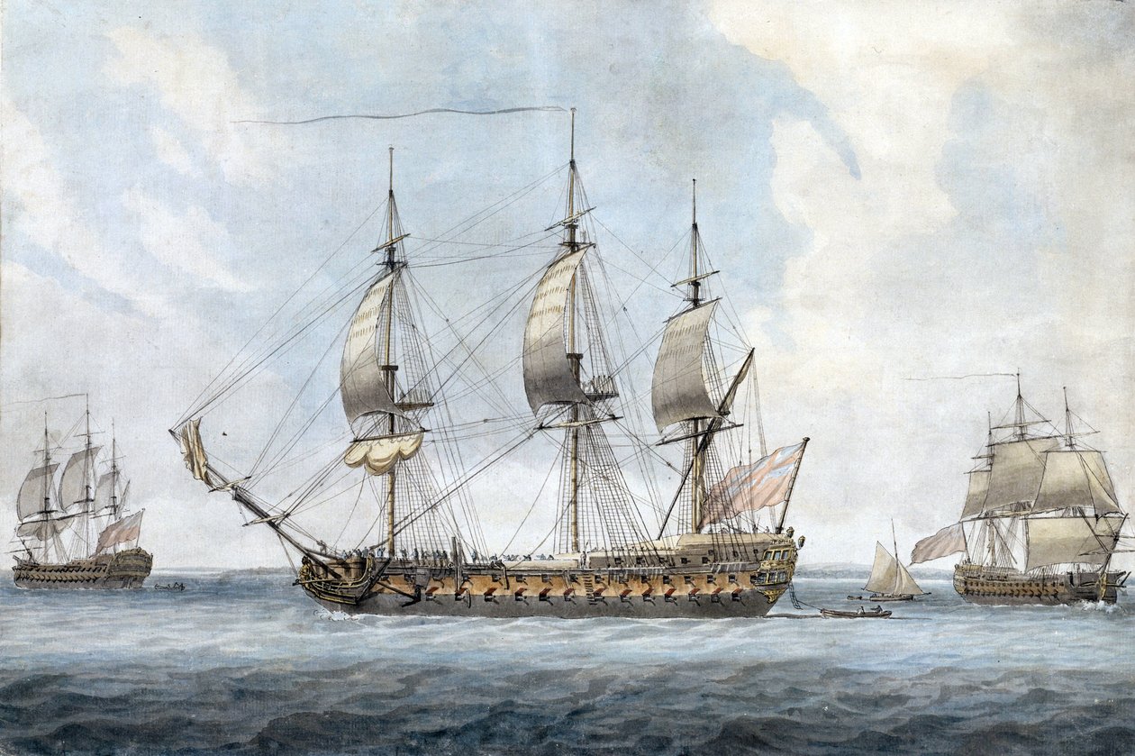 Muotokuva brittiläisestä 74-tykkisestä laivasta Solentissa (Englanti) kolmesta eri näkökulmasta. Dominic Serres vanhemman (1719-1793) maalaus, akvarelli noin vuonna 1788. tekijältä Dominic Serres