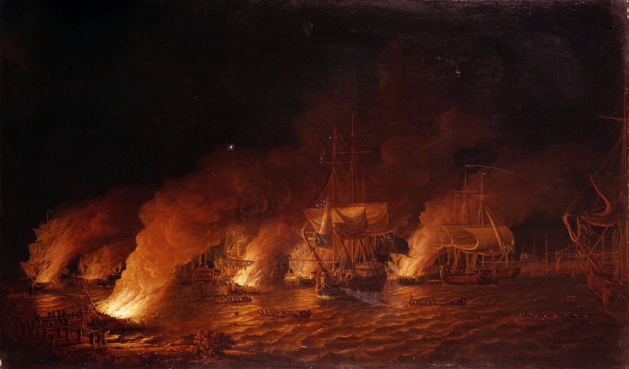 Seitsemänvuotinen sota (1756-1763): Ranskalaiset sota-alukset hyökkäävät brittilaivastoa vastaan Quebec Cityn (Kanada) edustalla yöllä 28. kesäkuuta 1759. Öljy kankaalle tekijältä Dominic Serres