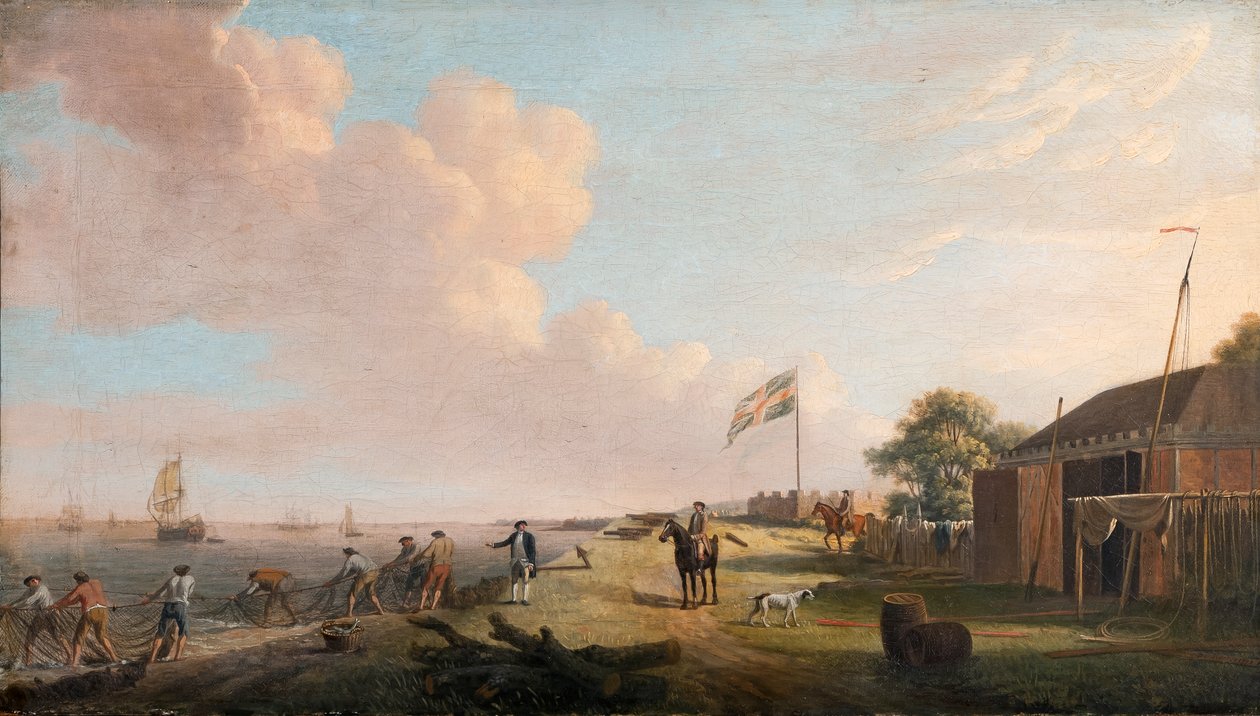 Näkymä Tilburyn linnoituksesta, jossa kalastajat vetävät verkkoja, 1770 tekijältä Dominic Serres