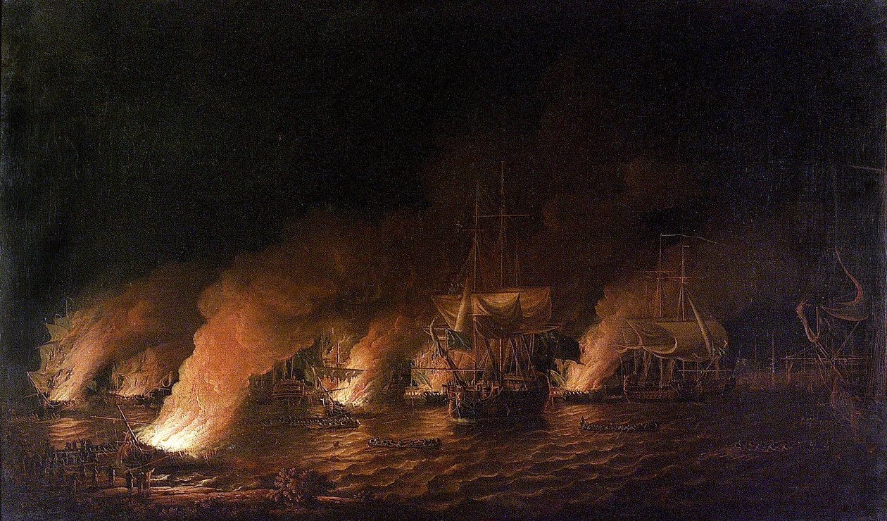 Seitsemän vuoden sota (1756-1763): Ranskalaisten sota-alukset hyökkäävät brittilaivastoa vastaan Quebec Cityn (Kanada) edustalla yöllä 28. kesäkuuta 1759. tekijältä Dominic Serres