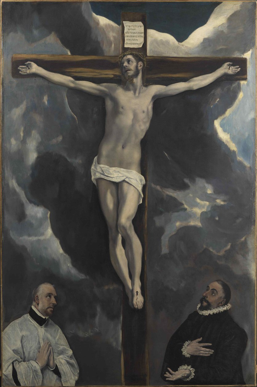 Kahden lahjoittajan palvoma Kristus ristillä, 1500-luvun loppu. tekijältä Dominico El Greco