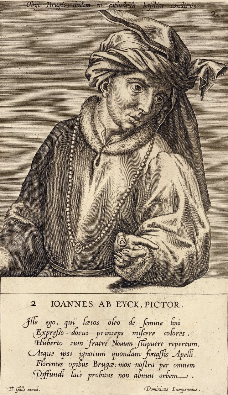 Jan van Eyckin (n. 1390-1441) muotokuva, levy 2 taiteilijoiden muotokuvien sarjassa, kaivertanut Theodor Galle (1571-1633) tekijältä Dominicus Lampsonius