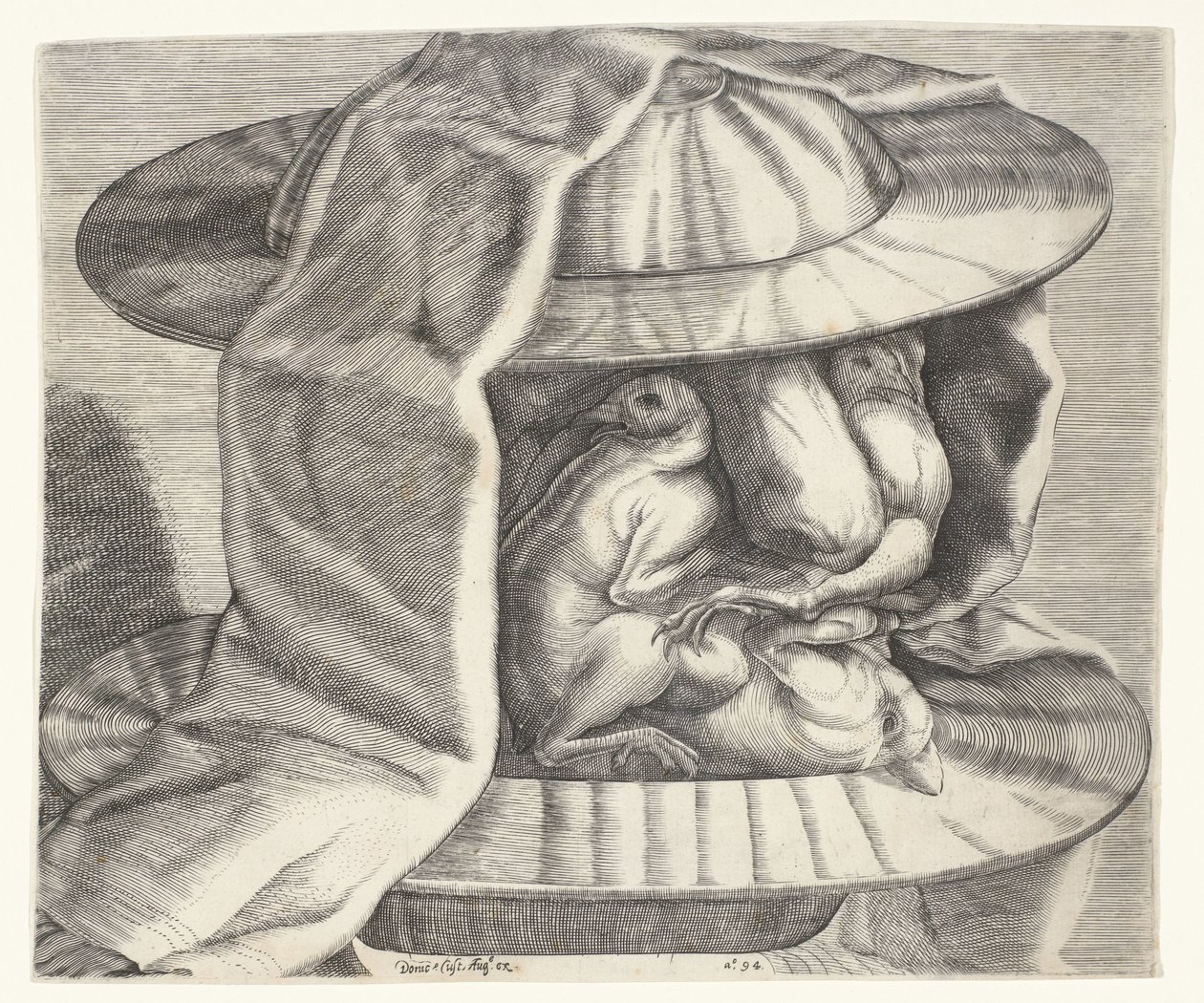 Groteski pää kypärällä Arcimboldon tyyliin Groteski pää, jossa kypärä Arcimboldon tyyliin tekijältä Dominicus Custos