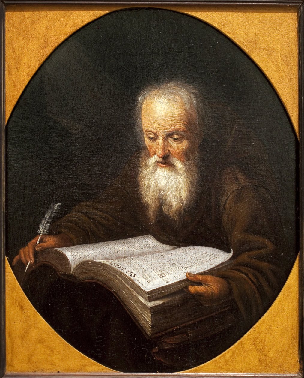 Munkki lukee, höyhen kädessään. Maalaus Domenicus Van Tol (1635-1676), öljy kankaalle, Gerrit Dou (1613-1675). flaamilaista taidetta tekijältä Dominicus van Tol