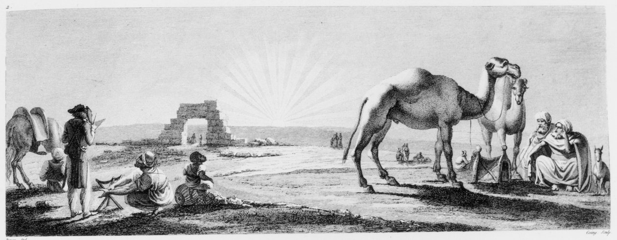Ylä-Egyptissä työskentelevä taiteilija Coinyn kaivertamasta Voyage dans la Basse et la Haute Egyptistä, 1802 tekijältä Dominique Vivant Denon