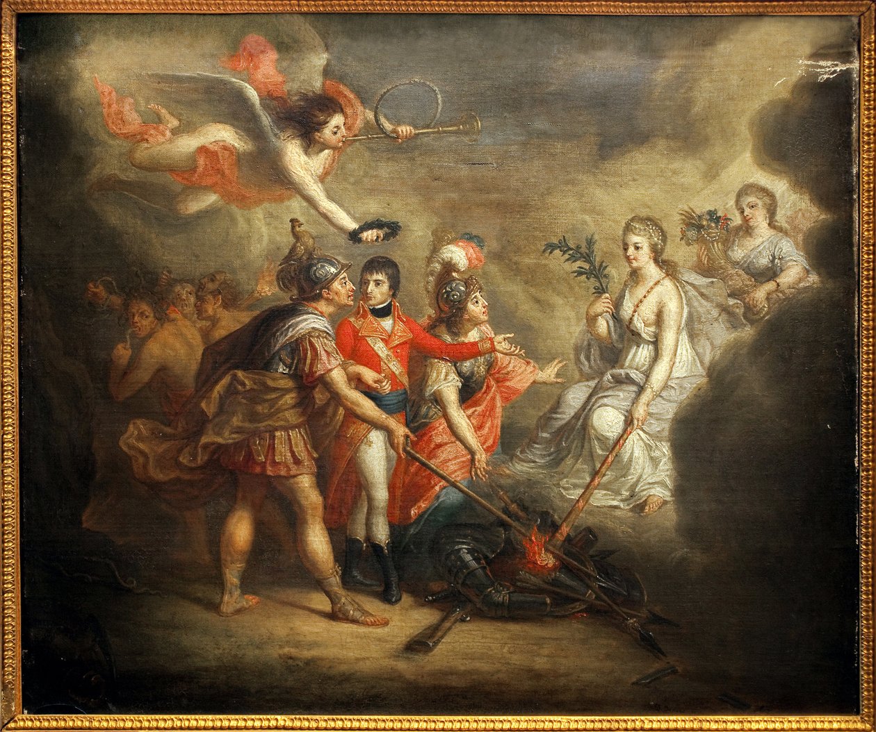Amiensin rauha. Traite allekirjoitti 25. maaliskuuta 1802 Yhdistyneen kuningaskunnan ja sen liittolaisten Ottomaanien valtakunnan ja toisaalta Ranskan, Espanjan ja Hollannin välillä. Maalaus kuvaa Napoleon I Bonapartea, jonka kruunaa trumpettia soittava en tekijältä Dominique Doncre