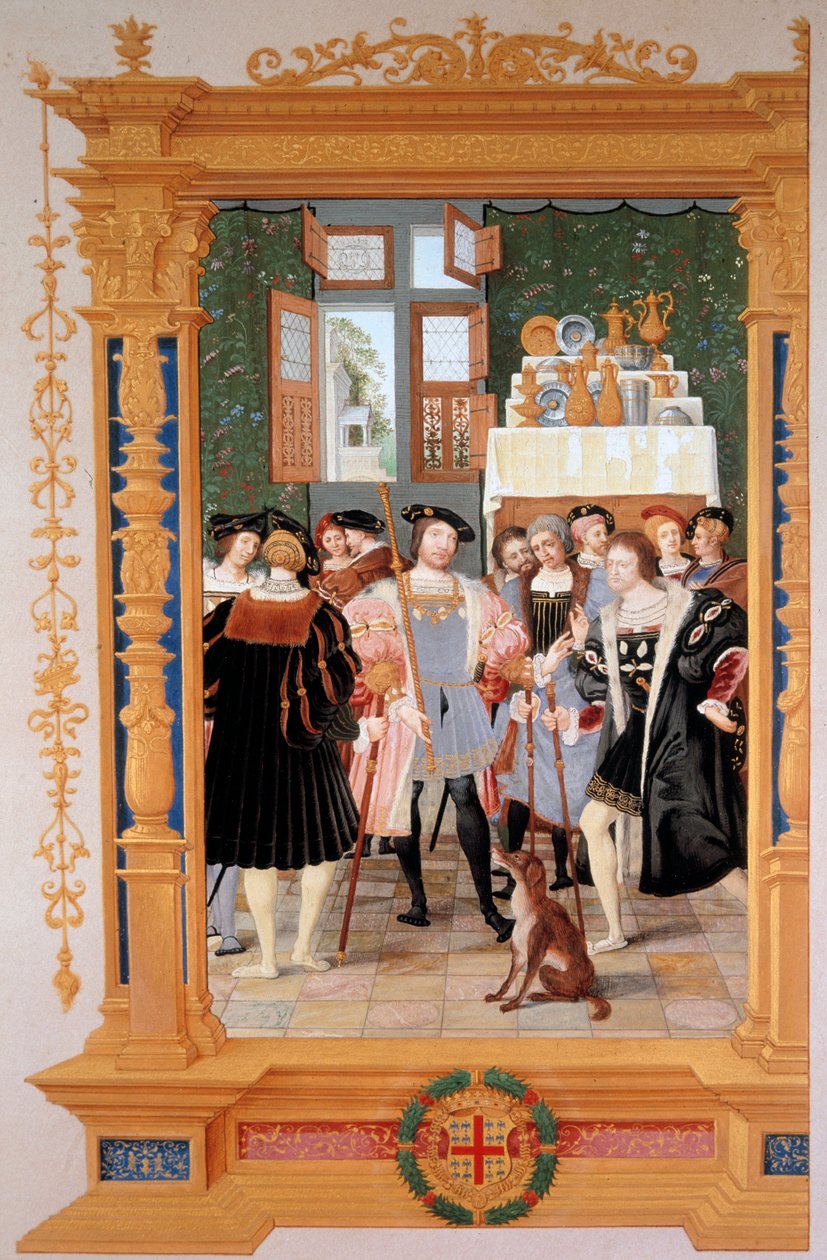 Etienne Leblanc (1490-1565) esittelee Anne de Montmorencylle (1493-1567) käännöksensä Ciceronin puheesta (1531) - Pietarissa (Venäjä) säilytetty kopio etulevystä, Dominique Henri Guifardin (1838-1913) guassi. , 1800-luvun loppu - C tekijältä Dominique Henri Guifard
