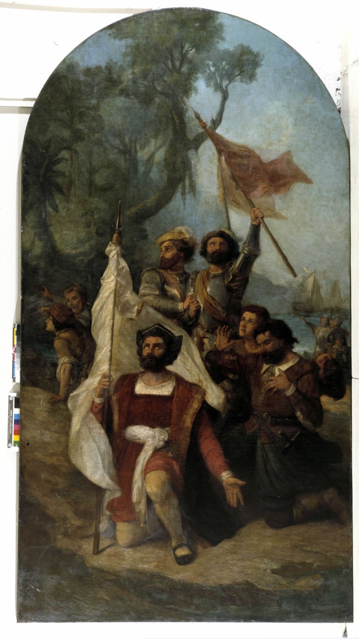 Navigaattori Christopher Columbus (Cristoforo Colombo, Cristobal Colon) (1451-1506) saapuessaan uuteen maailmaan vuonna 1492 (öljy kankaalle) tekijältä Dominique Magaud