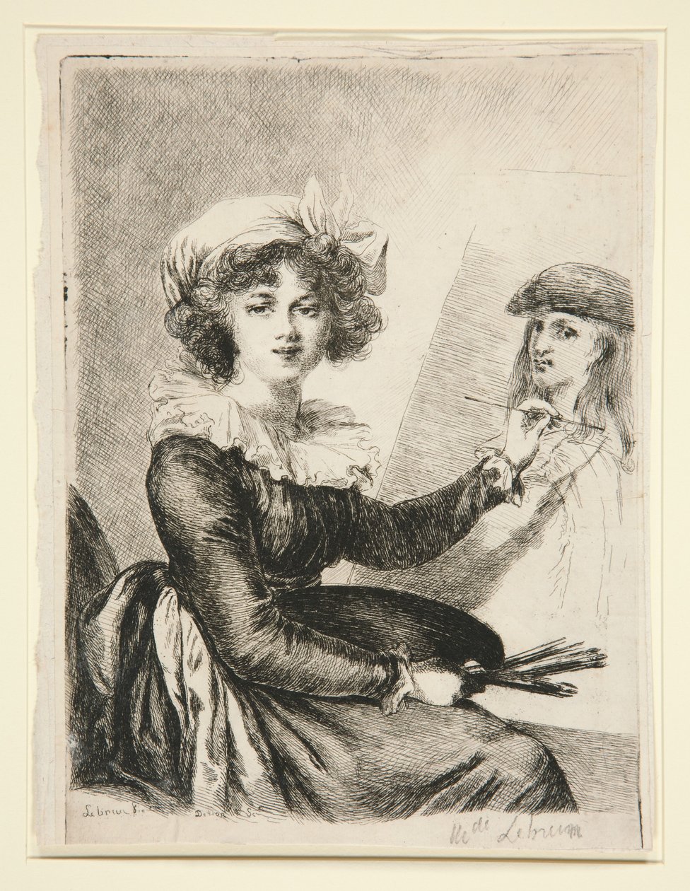 Louise-Élisabeth Vigée-Lebrun (Mlle Lebrun), vuoden 1790 Uffizin omakuvan mukaan ja siihen nähden peilikuvana tekijältä Dominique Vivant Denon