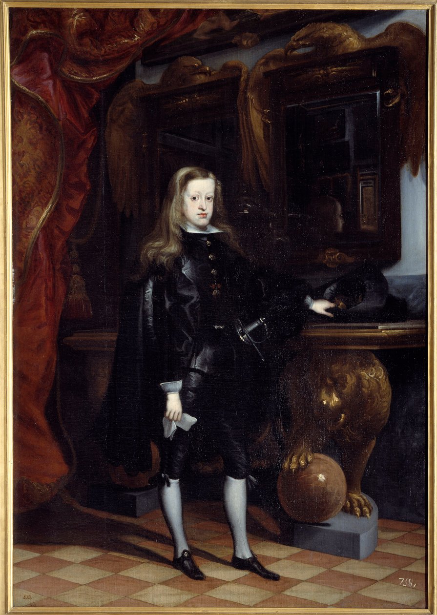 Muotokuva Espanjalaisen Kaarle II:n jalassa (1661-1700) Juan de Carreno Mirandan (1614-1685) maalaus tekijältä Don Juan Carreno de Miranda