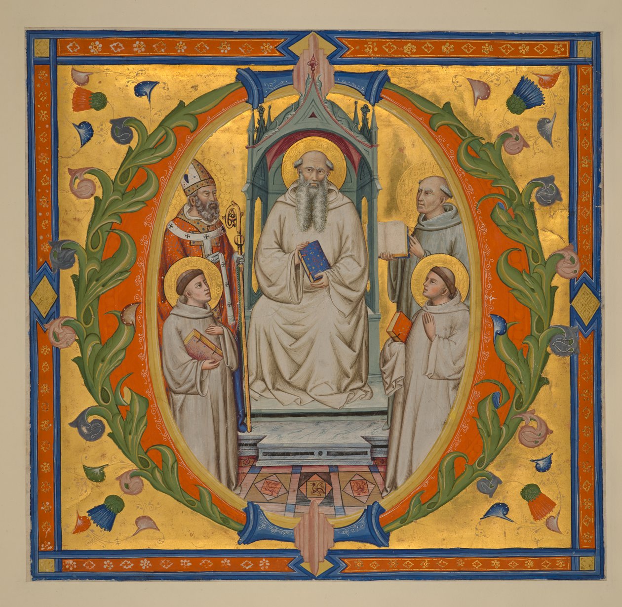 Lisätä. 37472 f.3: Leikkaus Gradualista, historiallisella alkukirjaimella "O"; Romauldista valtaistuimella piispapyhimys (luultavasti Augustinus) ja luostaripyhät John Gualbert (ylhäällä oikealla), Maurus ja Placidus kamaldolilaisissa tavoissa, n. 1371-74  tekijältä Don Silvestro dei Gherarducci