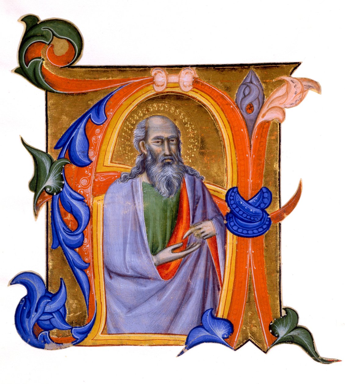 Valaistu alkukirjain A, n. 1382-99 (vesipohjainen pigmentti ja kultalehti pergamentilla) tekijältä Don Silvestro dei Gherarducci