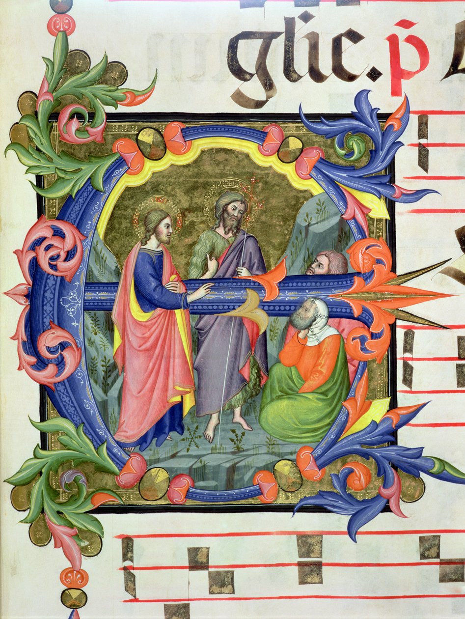 Ms 572 f.107 r Historioitu alkukirjain "E", joka kuvaa Pyhää Johannes Kastajaa esittelemässä Kristusta kahdelle opetuslapselle antifonista tekijältä Don Simone Camaldolese