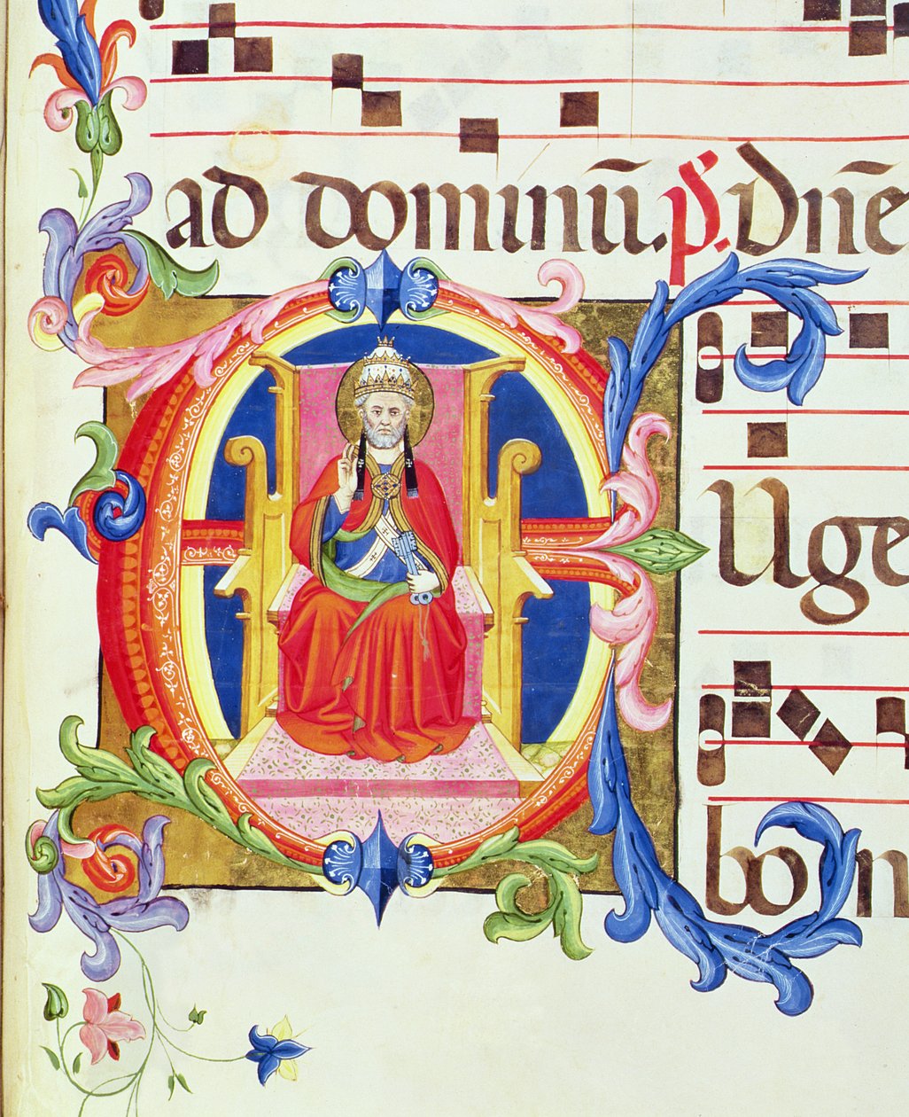 Ms 572 f.125r Historioitu alkukirjain "E", joka kuvaa Pyhän Pietarin Rooman ensimmäisenä piispana Santa Maria del Carmine -antifonista tekijältä Don Simone Camaldolese