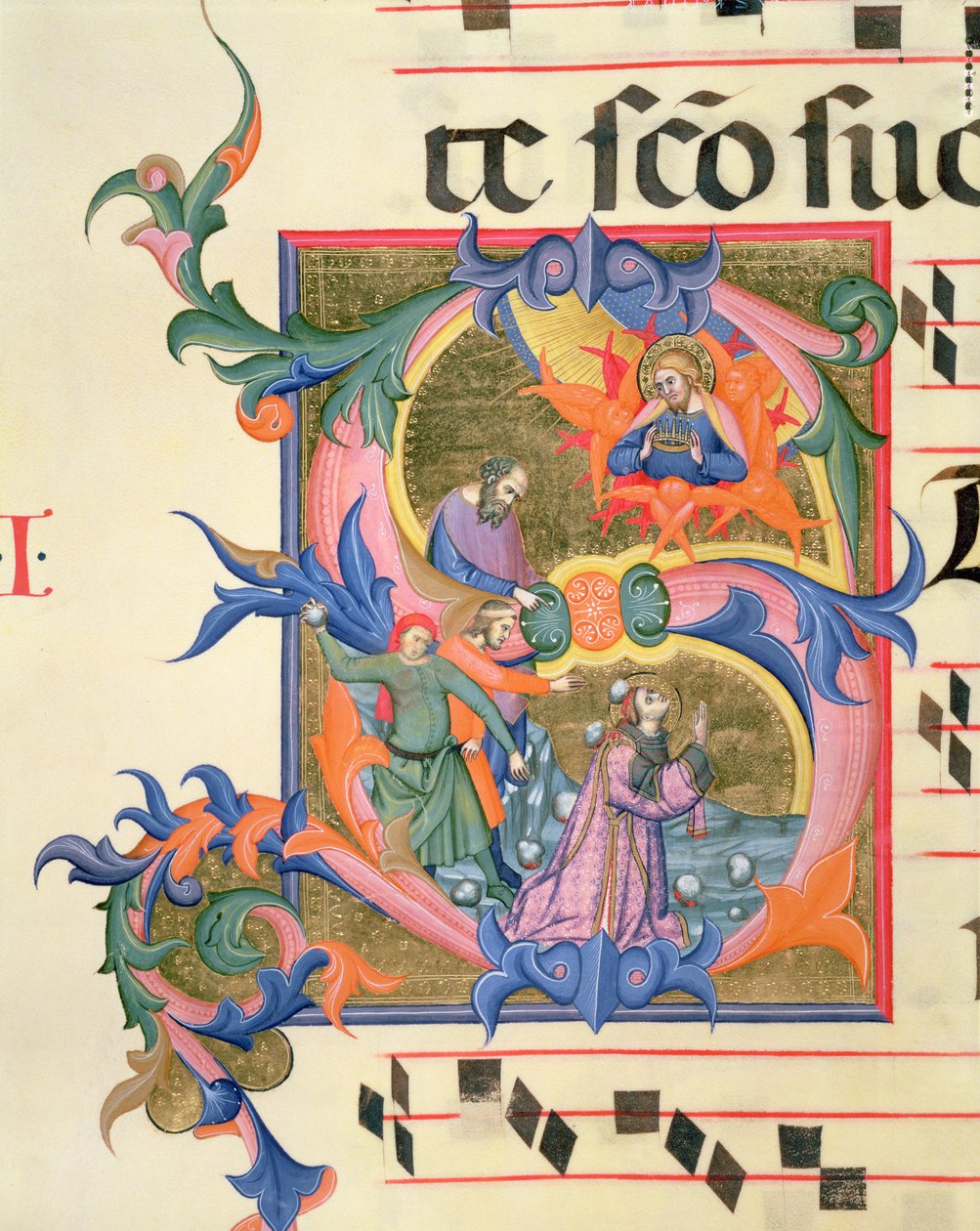 Ms 572 f.32v Historioitu alkukirjain "S", joka kuvaa St. Stephenin kivitystä tekijältä Don Simone Camaldolese