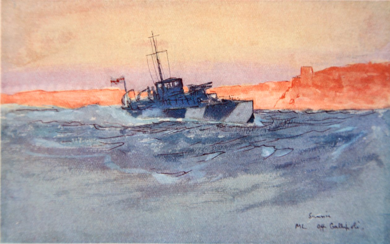 Auringonnousu: Moottorin laukaisu Gallipolissa, Italiassa, kuva Gordon S. Maxwellin laivastonrintamasta, 1920 tekijältä Donald Maxwell