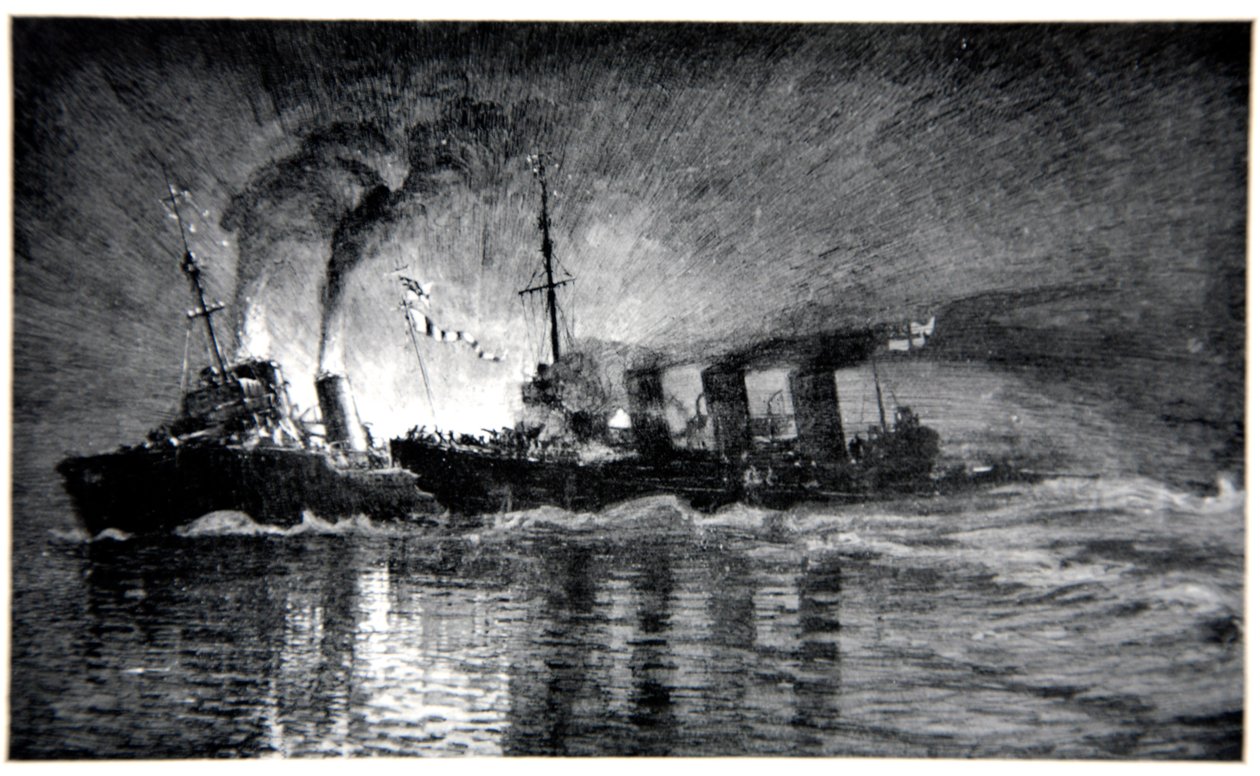 HMS Broke törmää saksalaiseen hävittäjään, kuva Gordon S. Maxwellin laivastonrintamasta, 1920 tekijältä Donald Maxwell