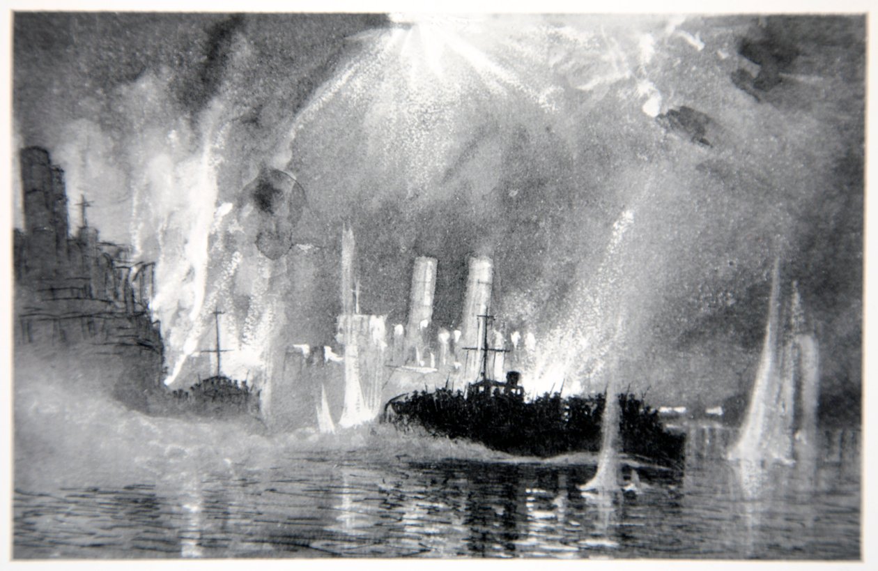 Moottori laukaisee lohkolaivojen miehistöjä Zeebruggessa, kuva Gordon S. Maxwellin teoksesta "The Naval Front", 1920 tekijältä Donald Maxwell