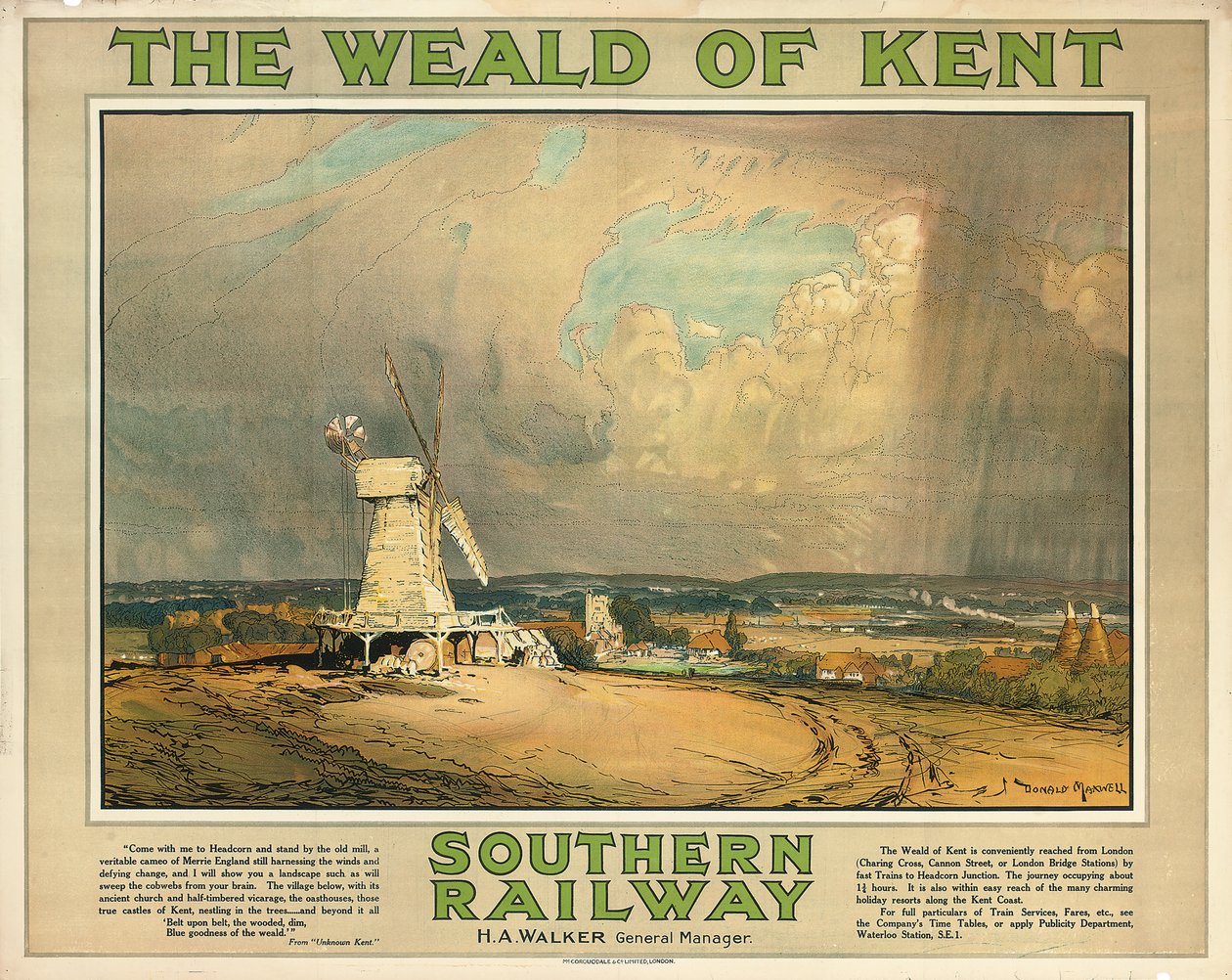 "The Weald of Kent", eteläisen rautatien mainosjuliste, n. 1925 (värilitografia) tekijältä Donald Maxwell
