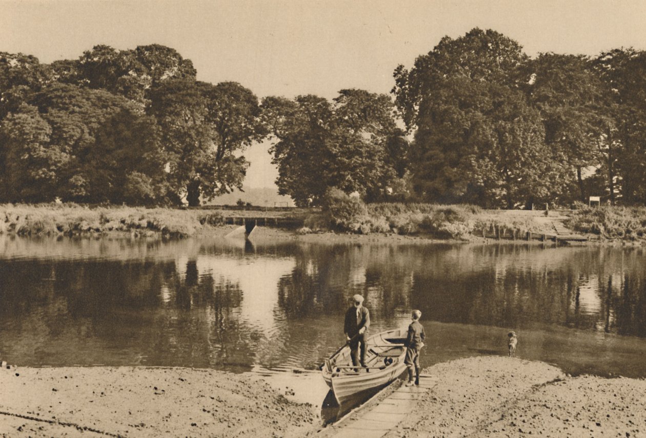 Lontoon joki Isleworth Ferryssä, joka katselee kohti Kew Gardensin vihreitä Glades, vuonna 1935. tekijältä Donald McLeish