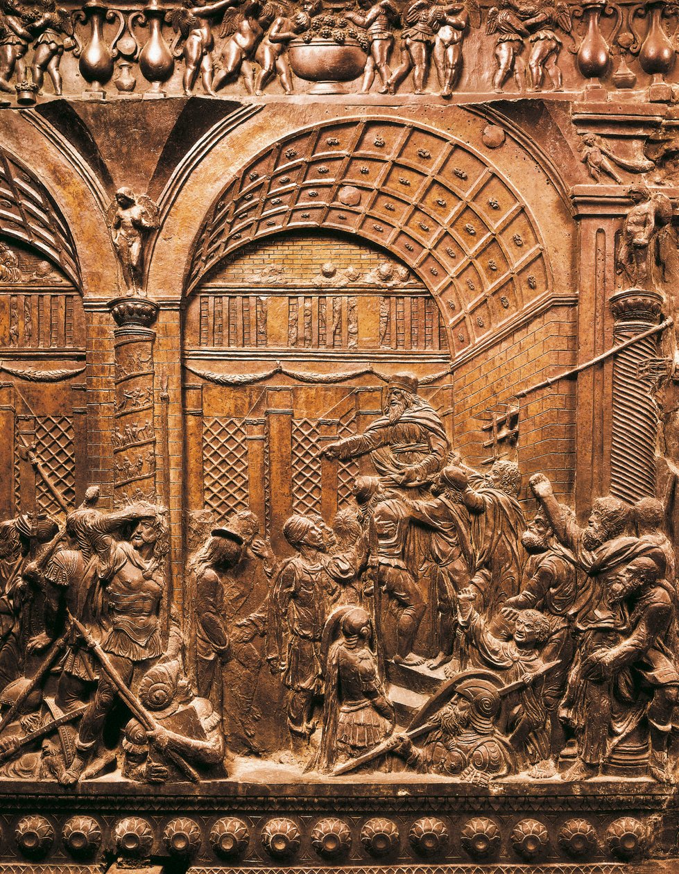 Renessanssin taide (Quattrocento): Kristus johtaa Kaifasta. 1460. Matala kohokuvio pronssissa) tekijältä Donatello