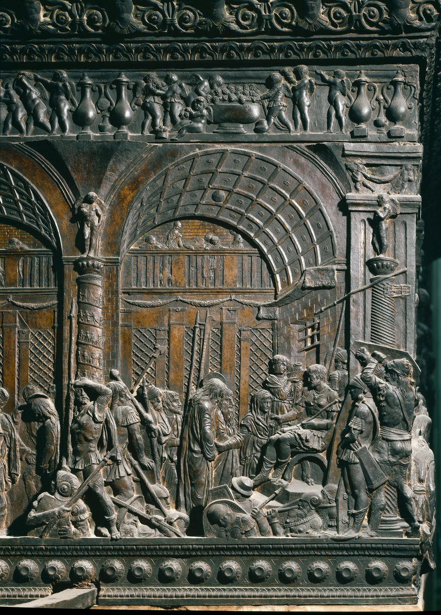 Kristus Pontius Pilatuksen edessä. Yksityiskohta. Vasemman saarnatuolin matala kohokuvio, n.1460 n tekijältä Donatello