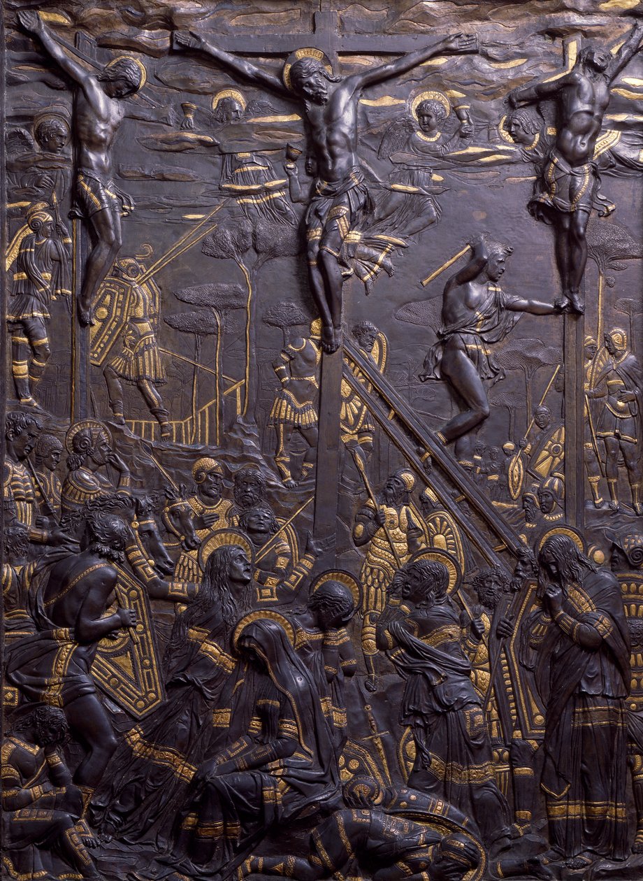 Kristuksen ristiinnaulitseminen, n. 1465, Donatello (n. 1386-1466), damasksenoitu pronssinen reliefi, 93x70 cm. Italia tekijältä Donatello