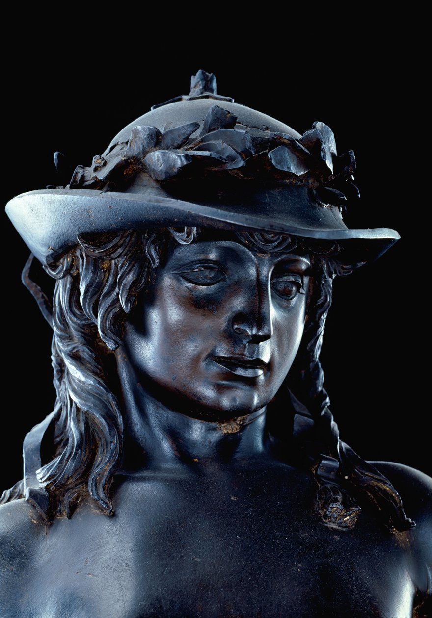 David, pään yksityiskohta, n. 1440 (pronssi) (katso myös 11969-70) tekijältä Donatello