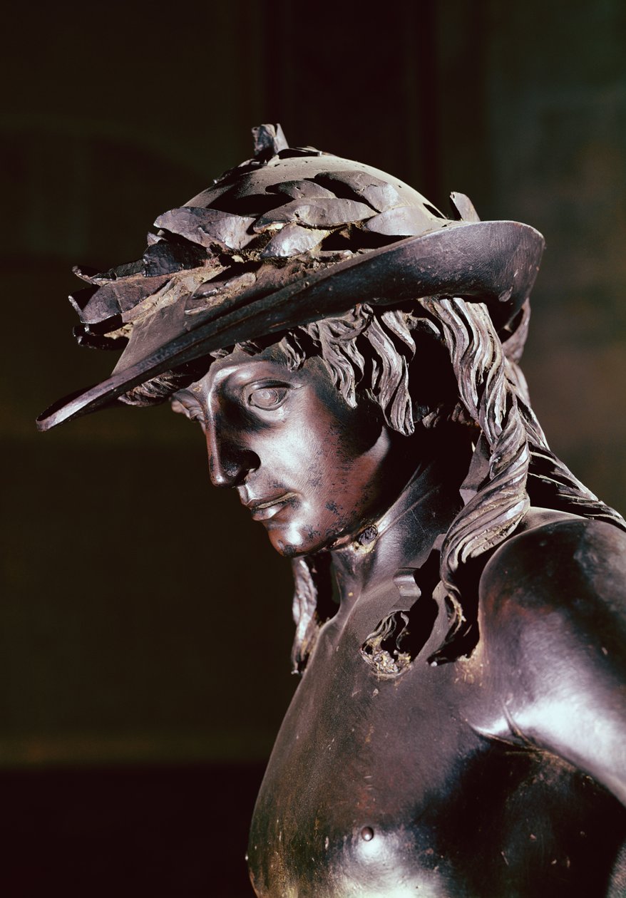 David, pään yksityiskohta, n. 1440 (pronssi) (katso myös 119169) tekijältä Donatello
