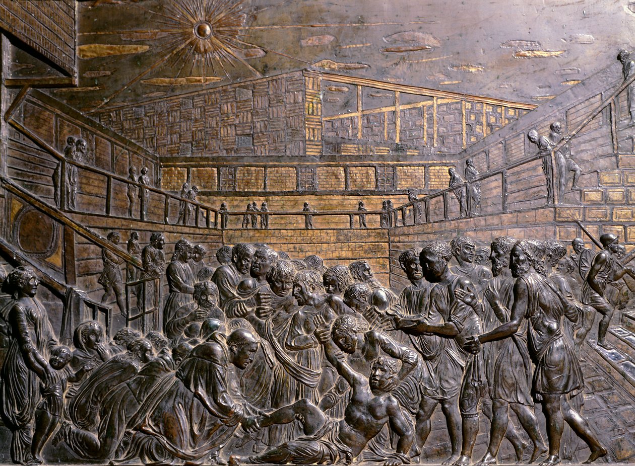 Italia, Padova, Pyhän Anthony Padovalaisen basilika, Pyhä Antonius parantaa nuoruuden jalkaa, kirjoittanut Donatello (noin 1386-1466), reliefi tekijältä Donatello
