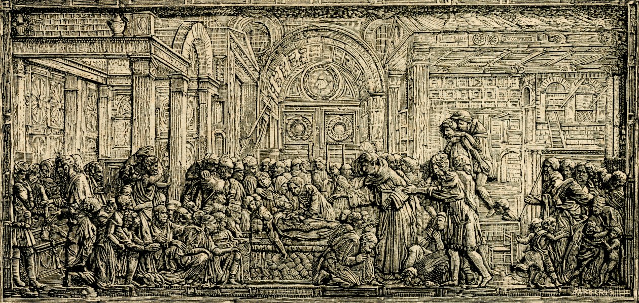 Ahneen miehen sydämen ihme, Pyhän Antoniuksen alttari, Donatellon pronssireliefi, Padovan Pyhän Antoniuksen basilika, Padova, Veneto, Italia, puupiirros teoksesta Le cento citta d