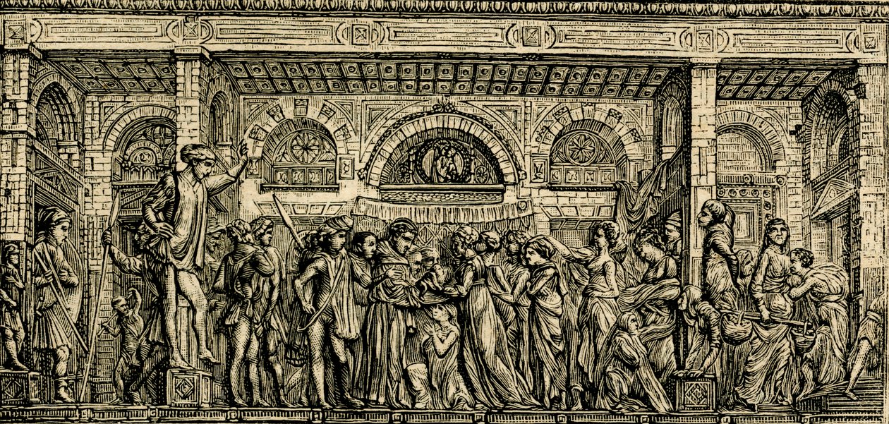 Vastasyntyneen puhuvan lapsen ihme, Pyhän Antoniuksen alttari, Donatellon pronssireliefi, Padovan Pyhän Antoniuksen basilika, Padova, Veneto, Italia, puupiirros teoksesta Le cento citta d