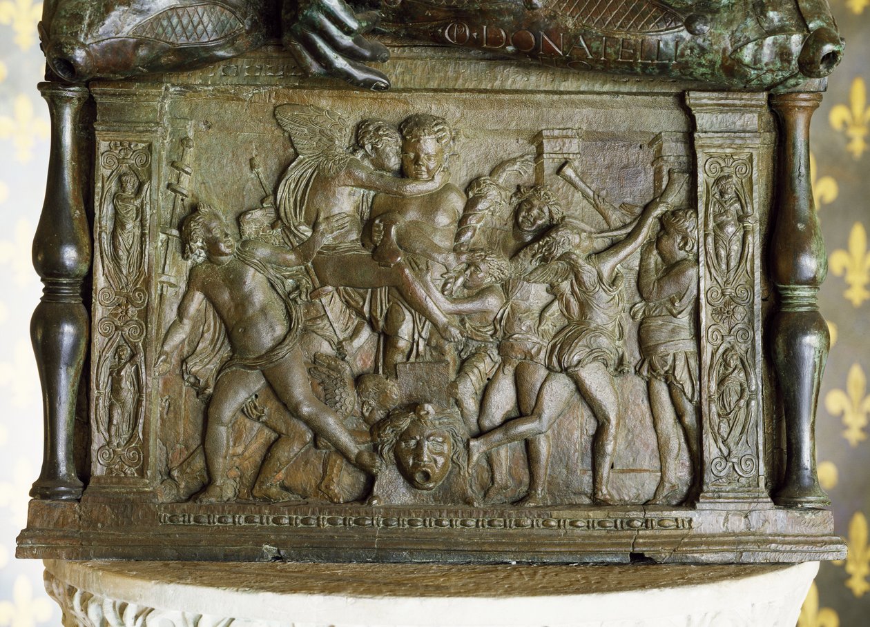 Putti Bacchanal, matala kohokuvio Judith ja Holofernesin pohjalla, Sala de Gigli, 1460 (pronssi) tekijältä Donatello