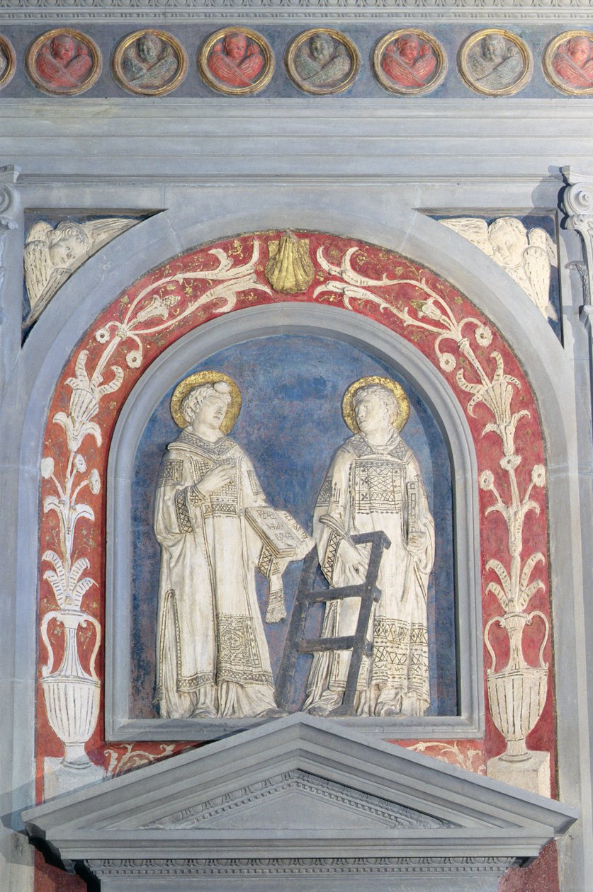 St. Lawrence ja St. Stephen, matala kohokuvioinen veistos pohjoisoven yläpuolella, n. 1440 (terrakotta) tekijältä Donatello