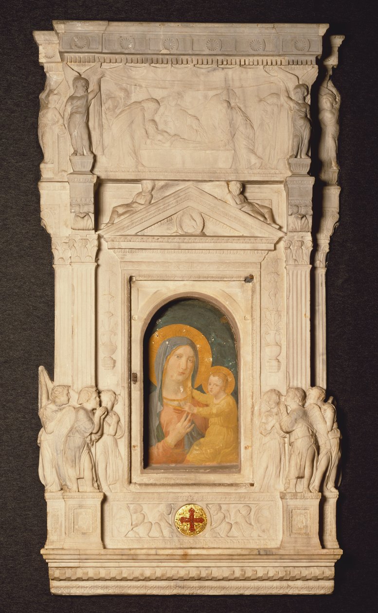 Donatellon (1386-1466) ehtoollisen sakramentin tabernaakkeli eli Ciborium, jossa on katkelma 1300-luvun freskosta, joka kuvaa kuumeisen Madonnaa, Pietarinkirkon aarremuseo, Rooma, Vatikaani tekijältä Donatello