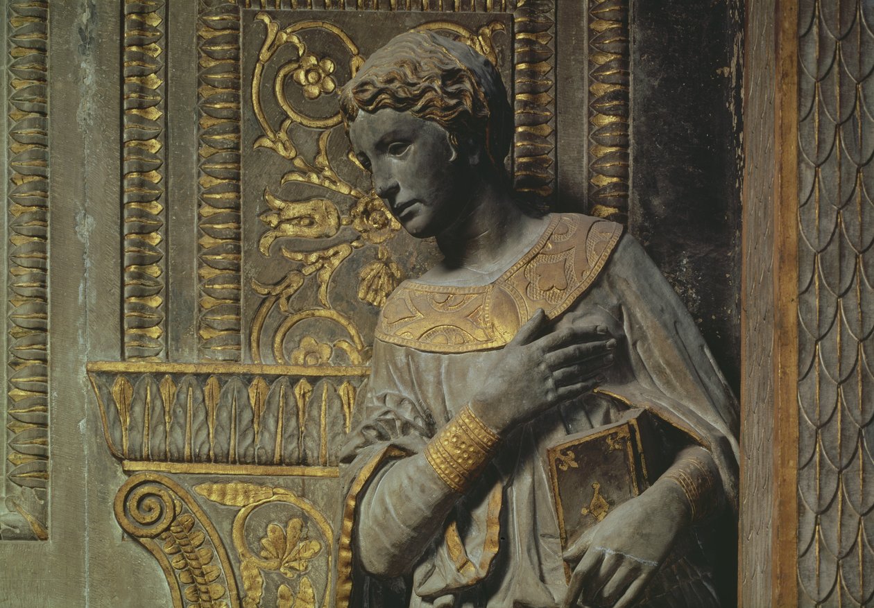 Cavalcanti Annunciation: yksityiskohta Neitsyt Donatello 1386-1466 n.1435 kullattu kalkkikivi tekijältä Donatello