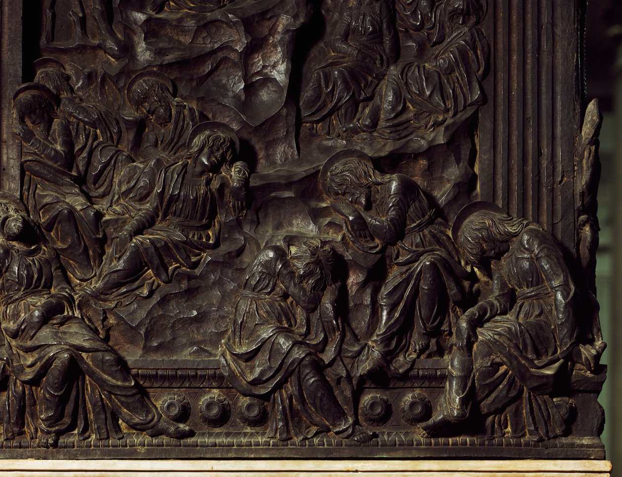 Jumalanpalvelus puutarhassa, yksityiskohta vasemmasta saarnatuolista, kirjoittanut Donatello (1386-1466), Basilica of St Lawrence, Firenze, Italia tekijältä Donatello