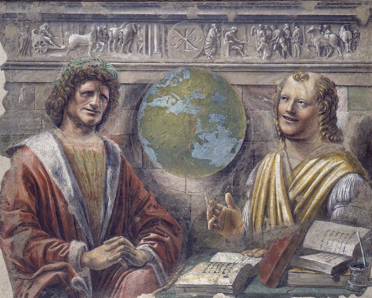 Herakleitos ja Demokritos, n. 1486 (irrotettu fresko kankaalle) tekijältä Donato Bramante