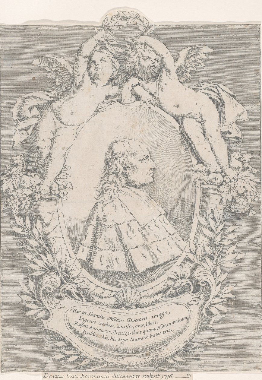 Giovanni Girolamo Sbaraglian muotokuva soikeassa, jota reunustavat kaksi puttia runsaudensarvi..., 1716. tekijältä Donato Creti