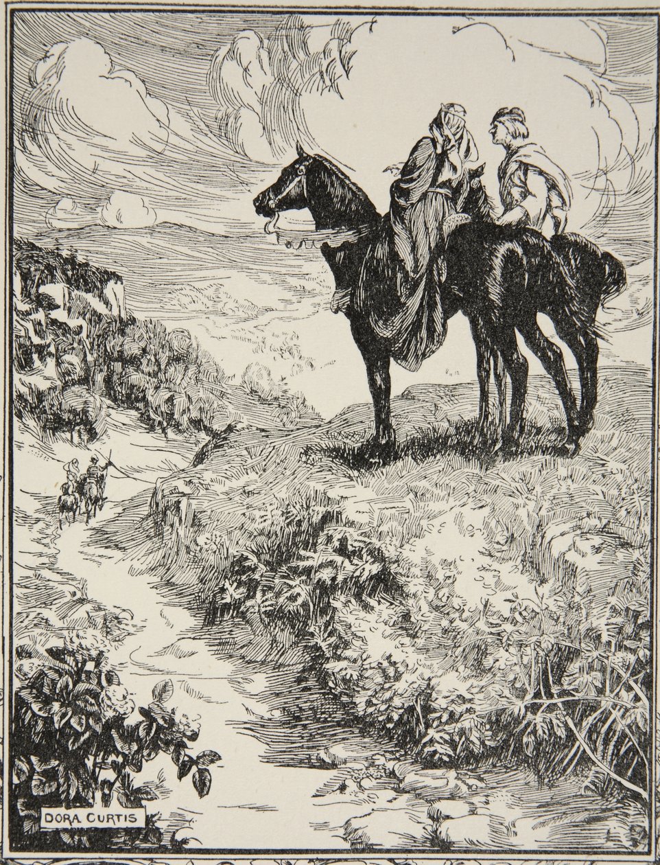Heidän odottaessaan pienellä metsän kukkulalla, kuvitus Beatrice Clayn tarinasta Kuningas Arthurin ja pyöreän pöydän tarinoita, 1. painos, 1905 tekijältä Dora Curtis