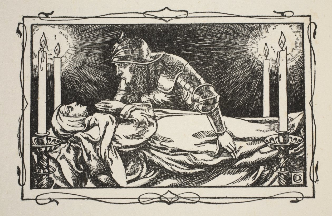 Found the Queen Dead, kuvitus Beatrice Clayn tarinasta "Kuningas Arthurin ja pyöreän pöydän tarinoita", 1. painos, 1905 tekijältä Dora Curtis