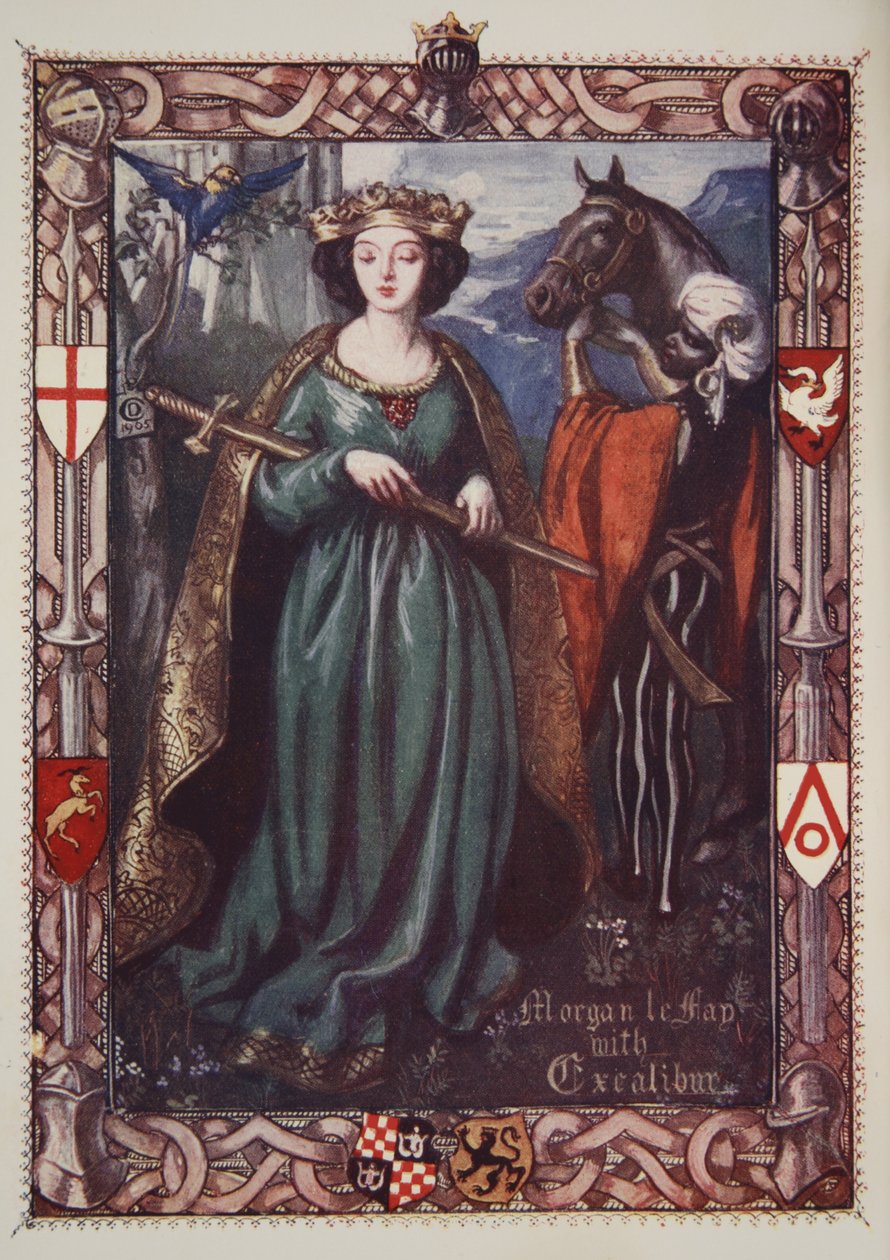 Morgan le Fay Excaliburin kanssa, kuvitus Beatrice Clayn tarinasta Kuningas Arthurin ja pyöreän pöydän tarinoita, 1. painos, 1905 tekijältä Dora Curtis