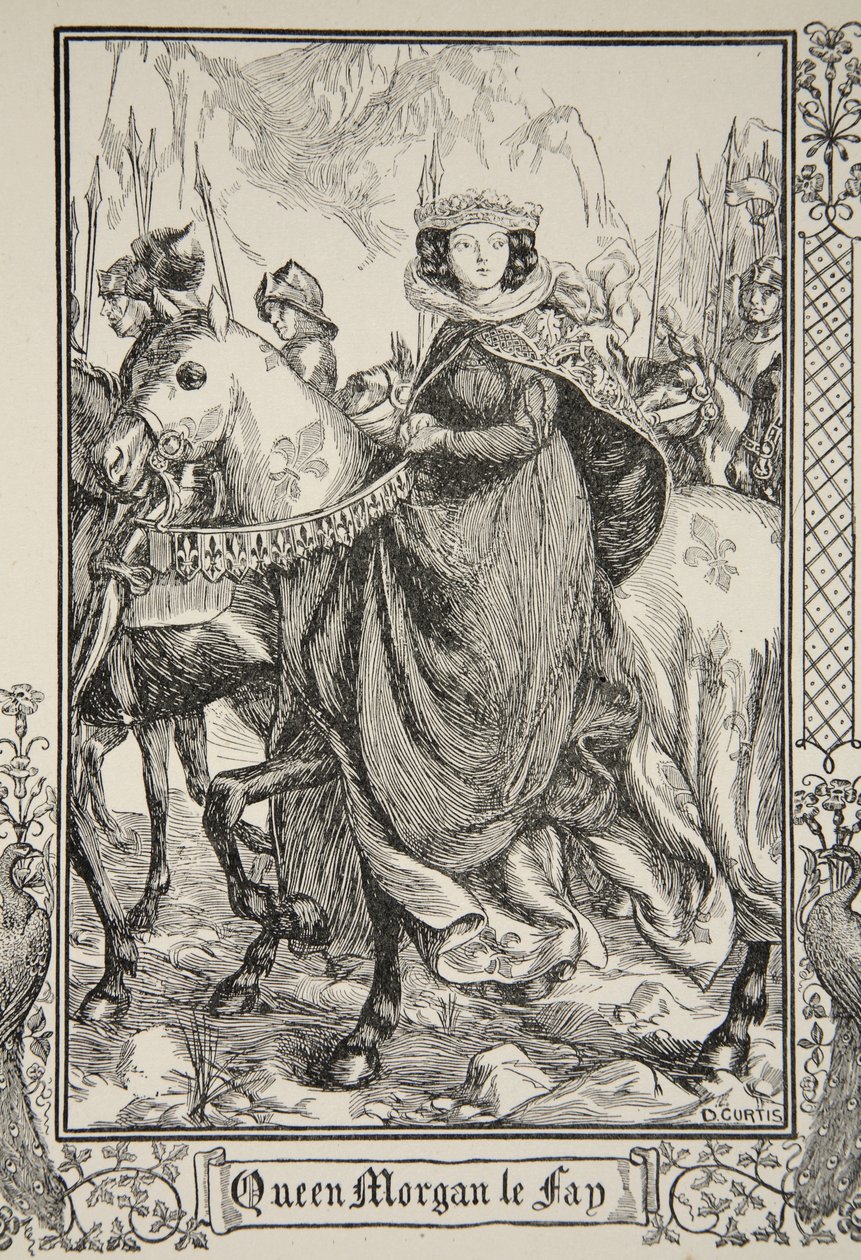 Queen Morgan le Fay, kuvitus Beatrice Clayn tarinasta "Kuningas Arthurin ja pyöreän pöydän tarinoita", 1. painos, 1905 tekijältä Dora Curtis